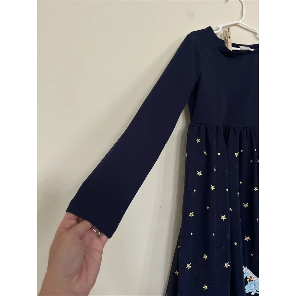 Hanna Andersson Long Sleeve Blue Embroidered Unicorn Tulle Dress Girls SZ 8